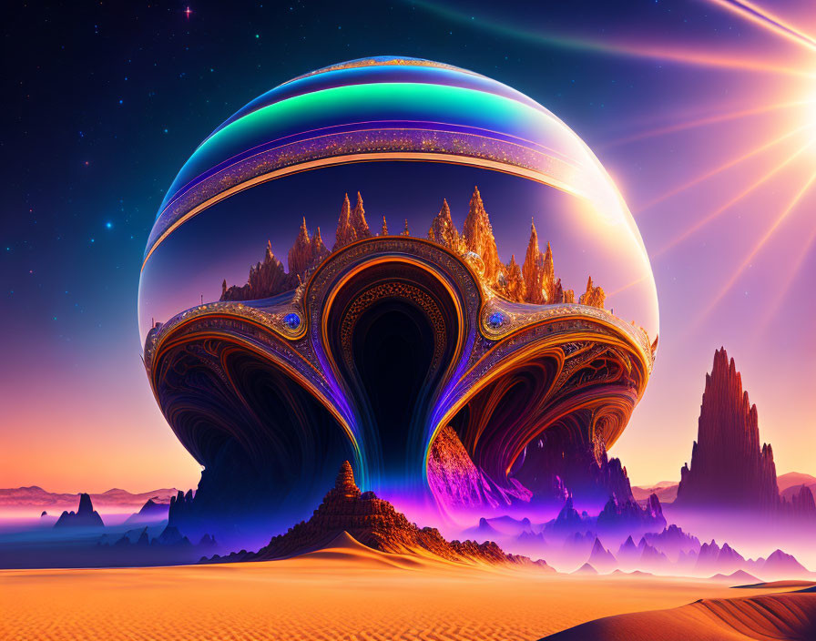 Futuristic cityscape in surreal desert landscape at dusk or dawn