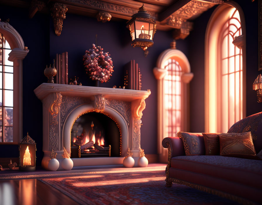 Luxurious Sunset-Lit Room with Fireplace and Arches