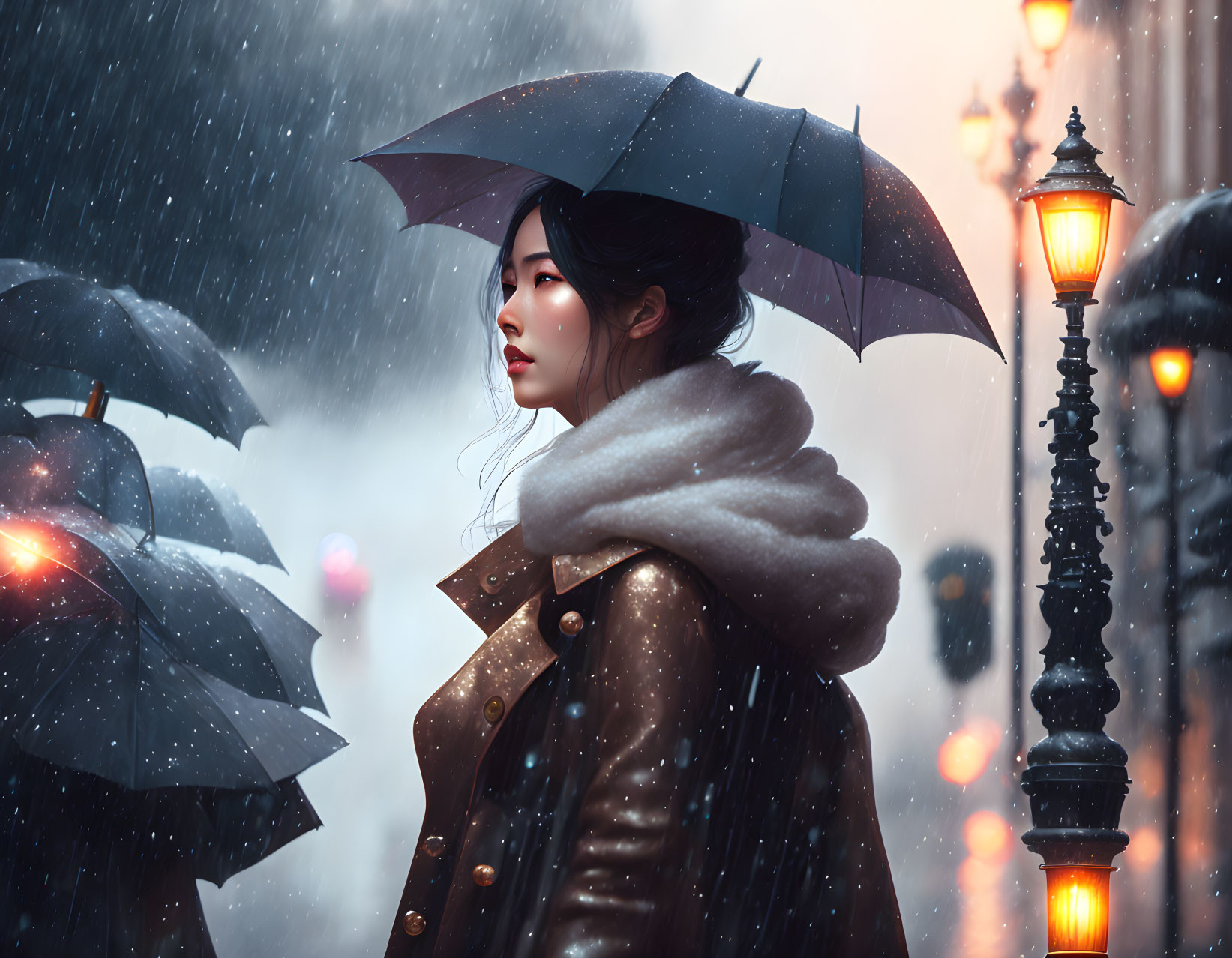 Woman with umbrella in snowy scene under vintage street lamps