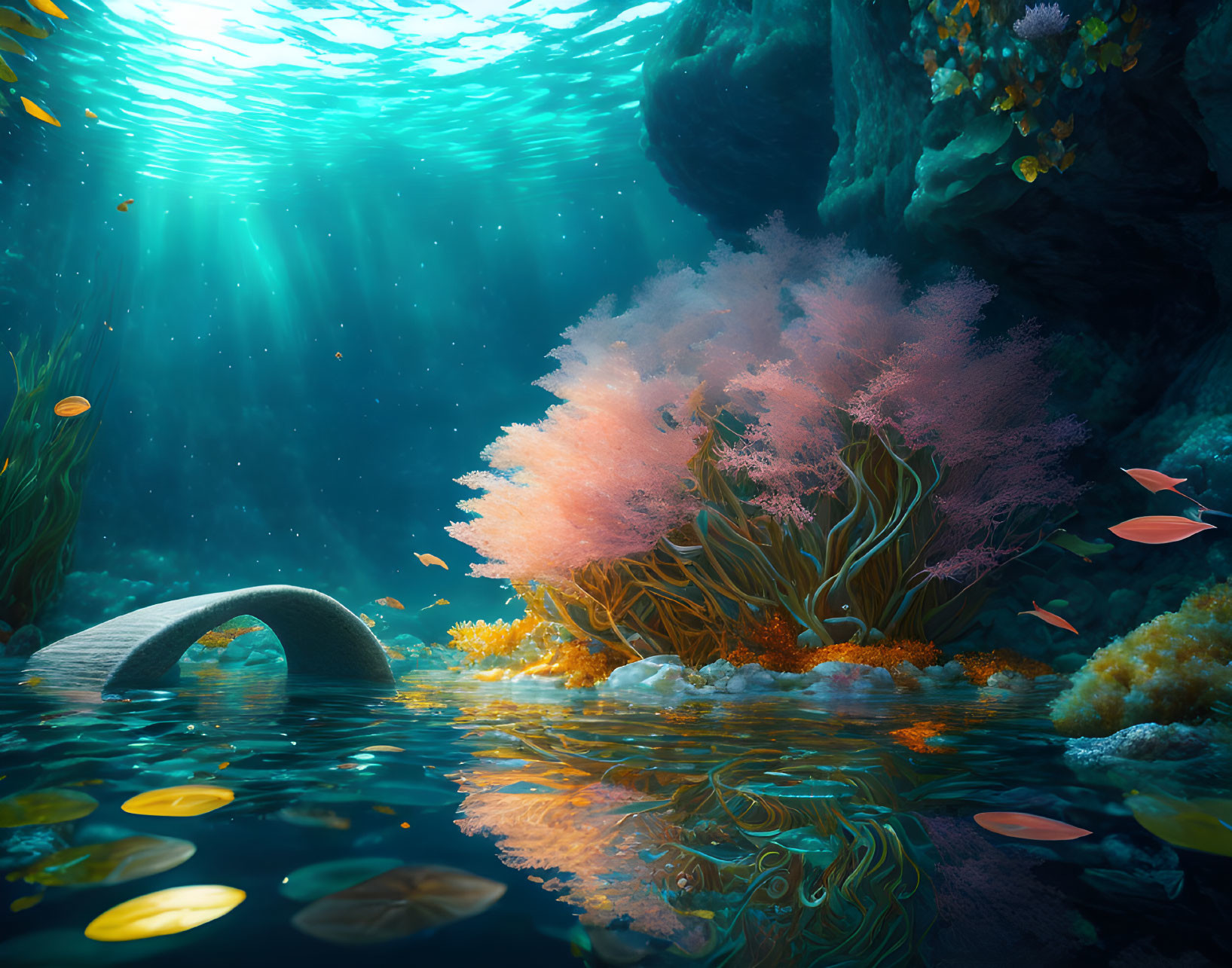 Sunlit underwater scene with ancient arch, vibrant coral, and schools of fish in blue waters