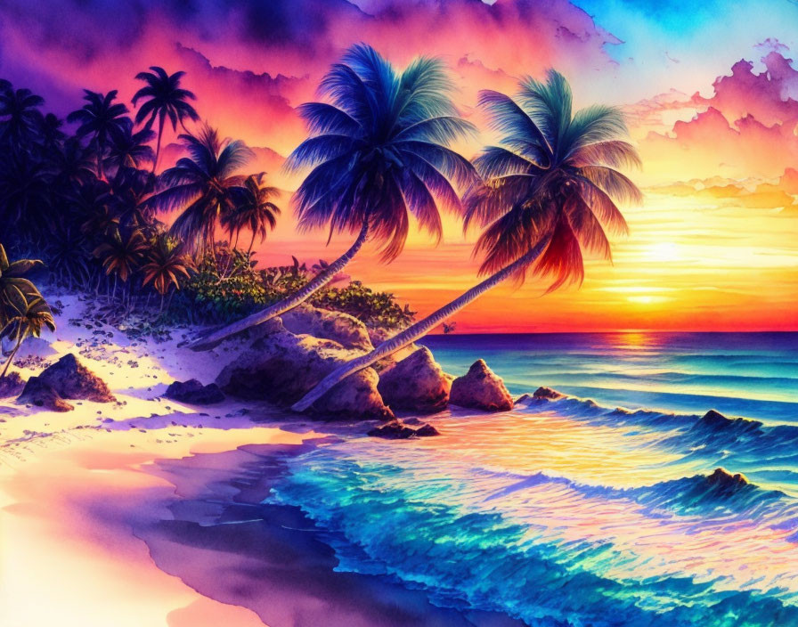 Colorful Tropical Beach Sunset with Silhouetted Palm Trees