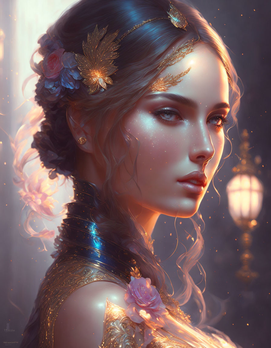 Fantastical woman portrait with golden leaves and glowing accents