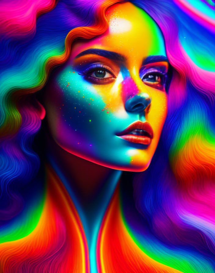 Colorful portrait of woman with rainbow hair and makeup