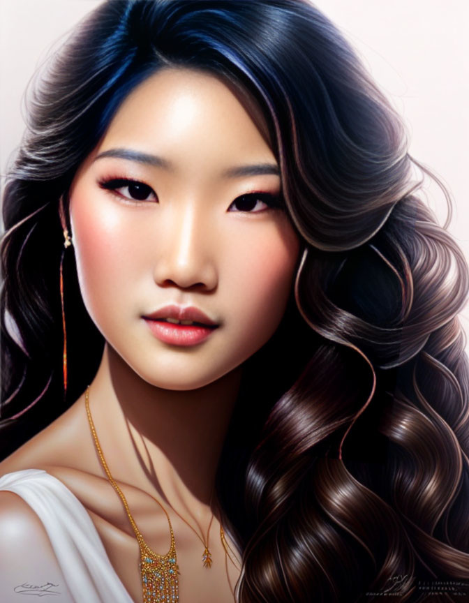 Digital portrait of woman with long, wavy dark hair and gold necklace.