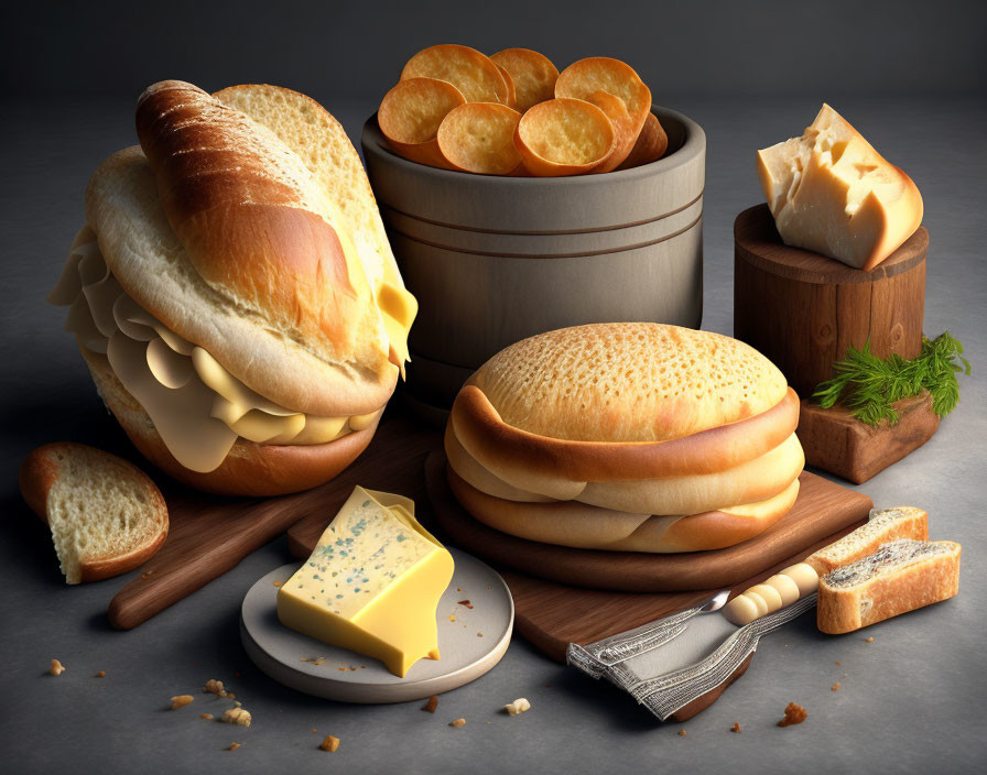 Variety of Baked Bread, Cheese, and Biscuits on Wooden Board and Gray Surface