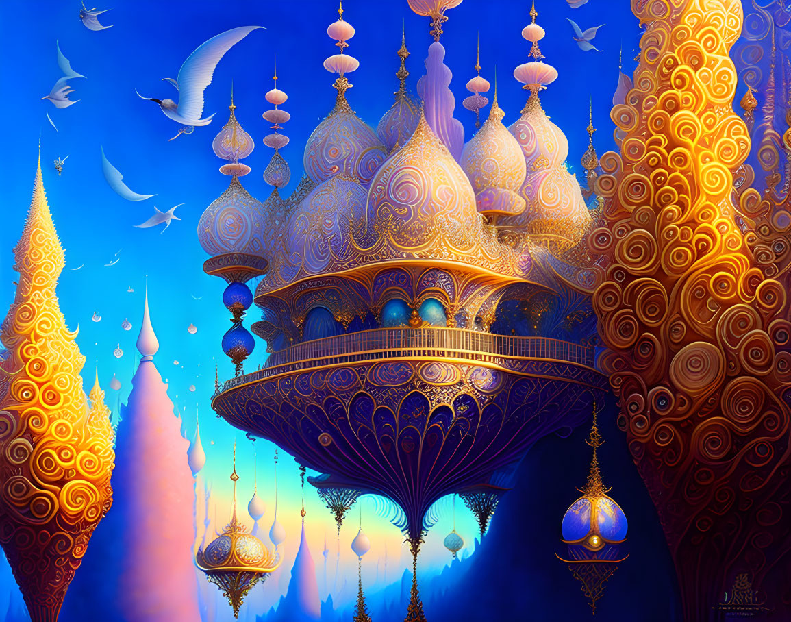 Ornate floating palace illustration with intricate spires in vibrant sky