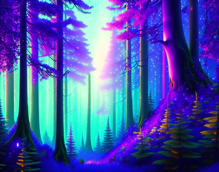 Vibrant purple and blue mystical forest with glowing flora under starry sky