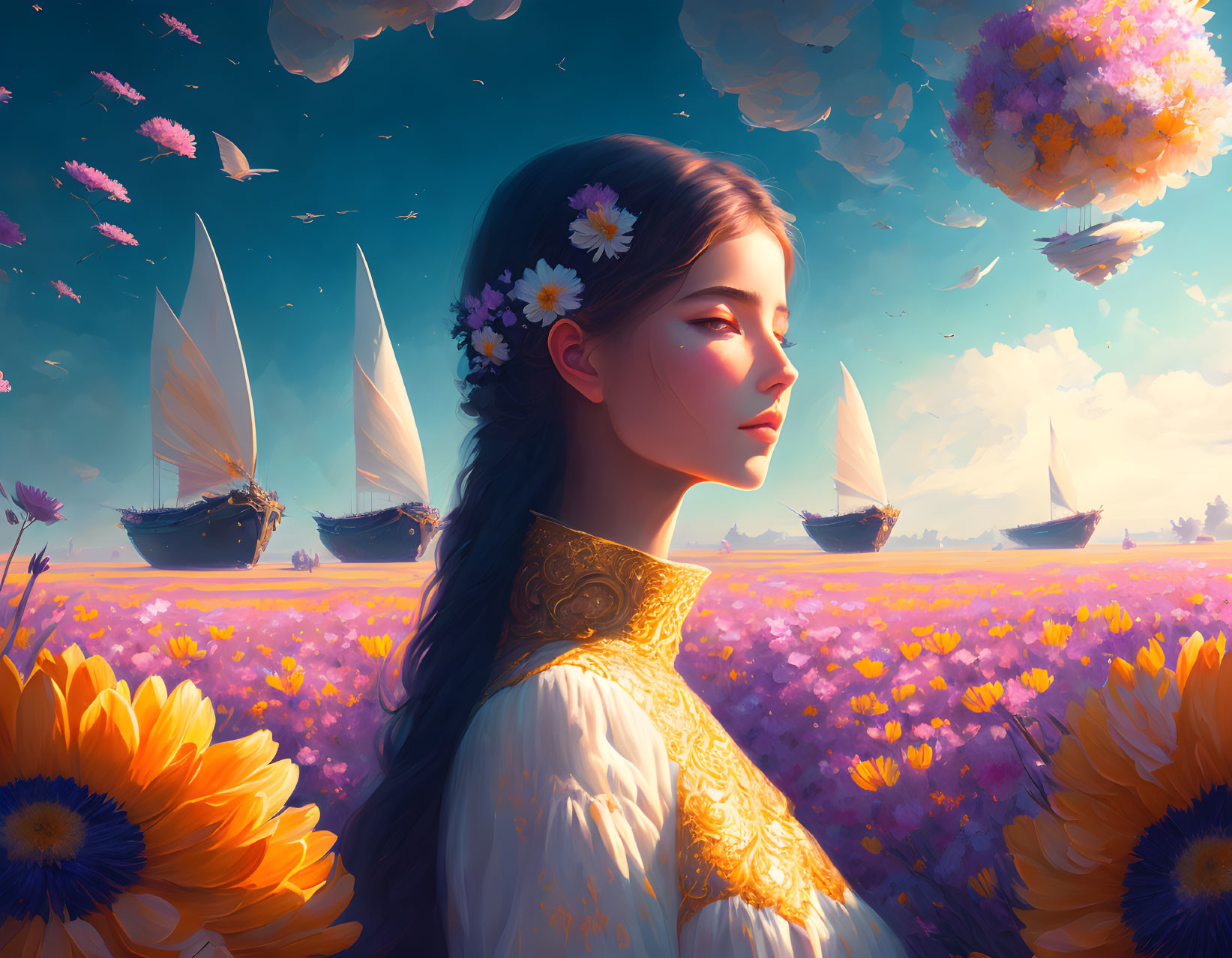 Woman with flowers in hair amid sunflowers and flying ships