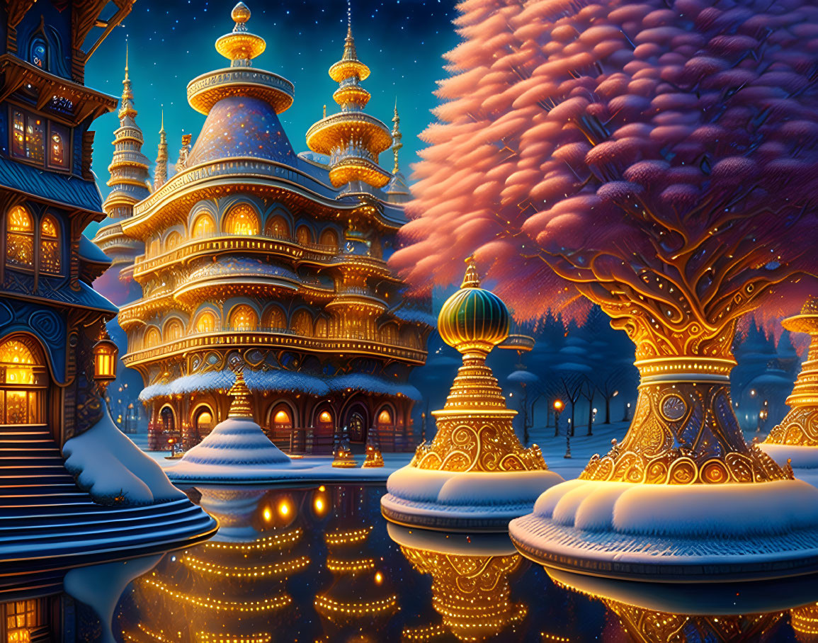 Enchanting fantasy night landscape with illuminated buildings and snow-capped trees