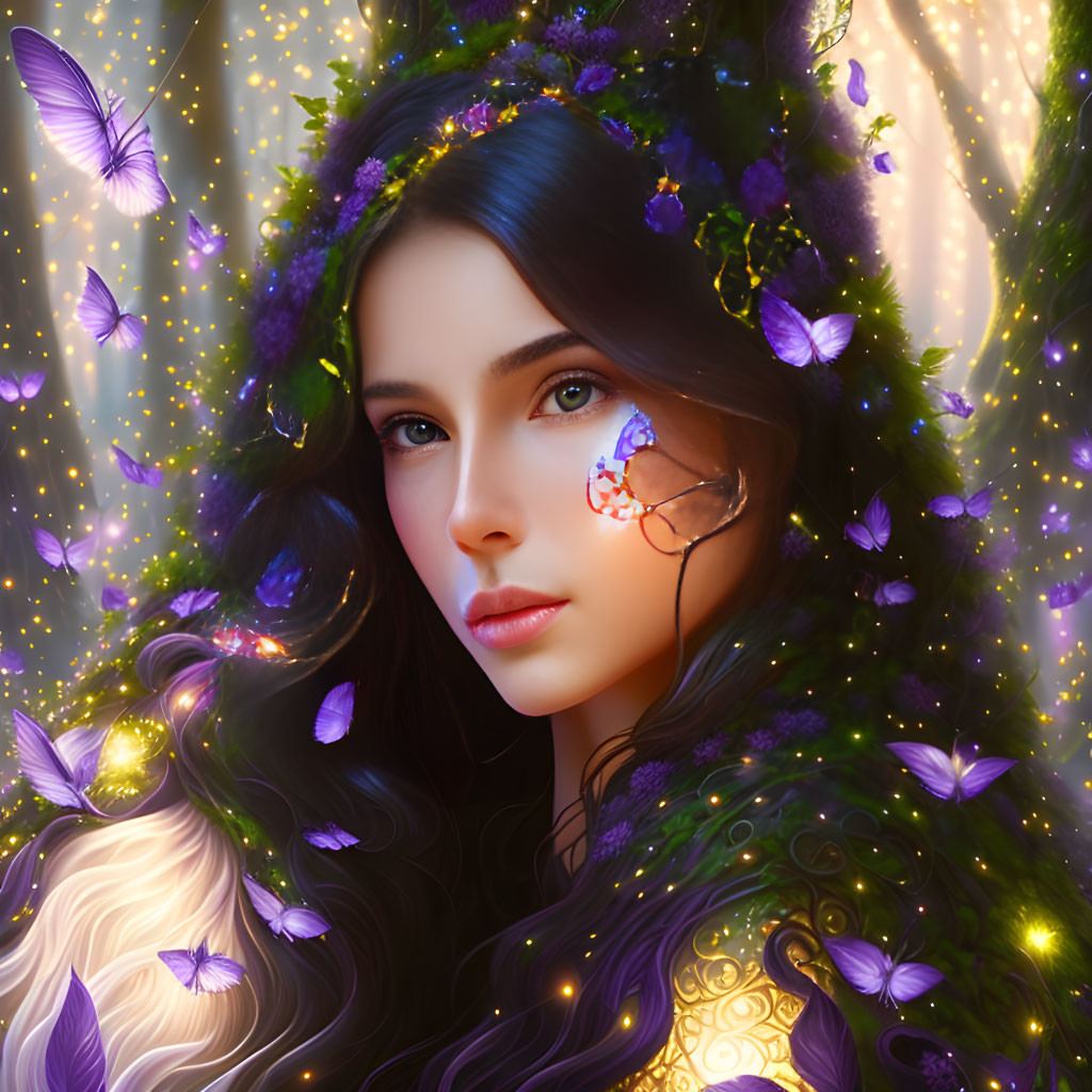 Digital artwork: Woman with dark hair, floral crown, glowing butterflies, and magical ambiance.