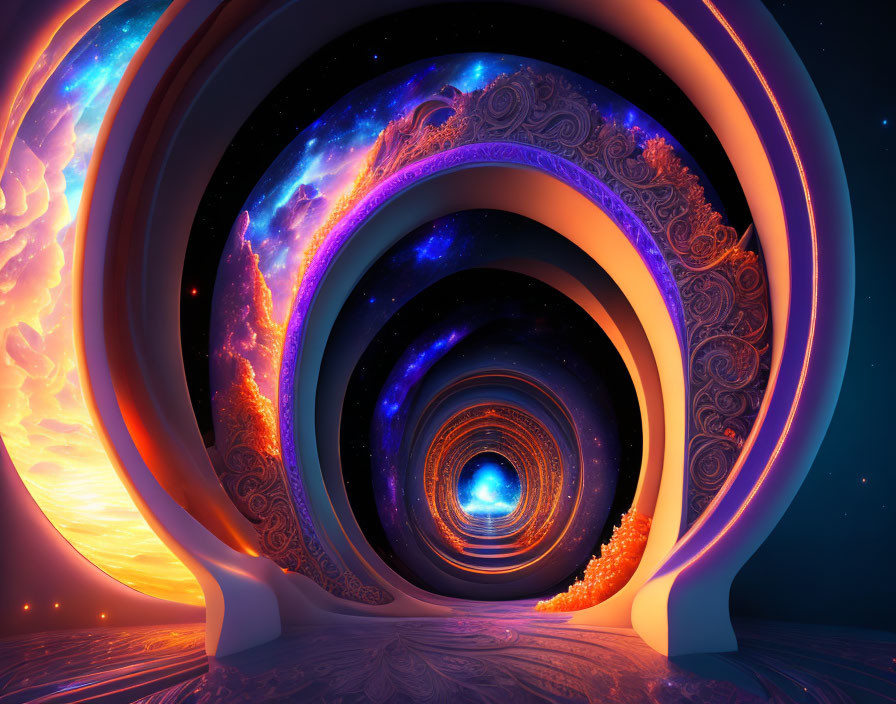 Colorful digital artwork: Spiral archways in cosmic setting