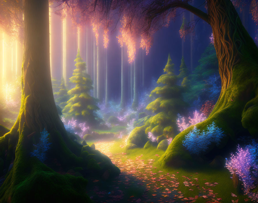 Ethereal forest with radiant light beams and glowing flora