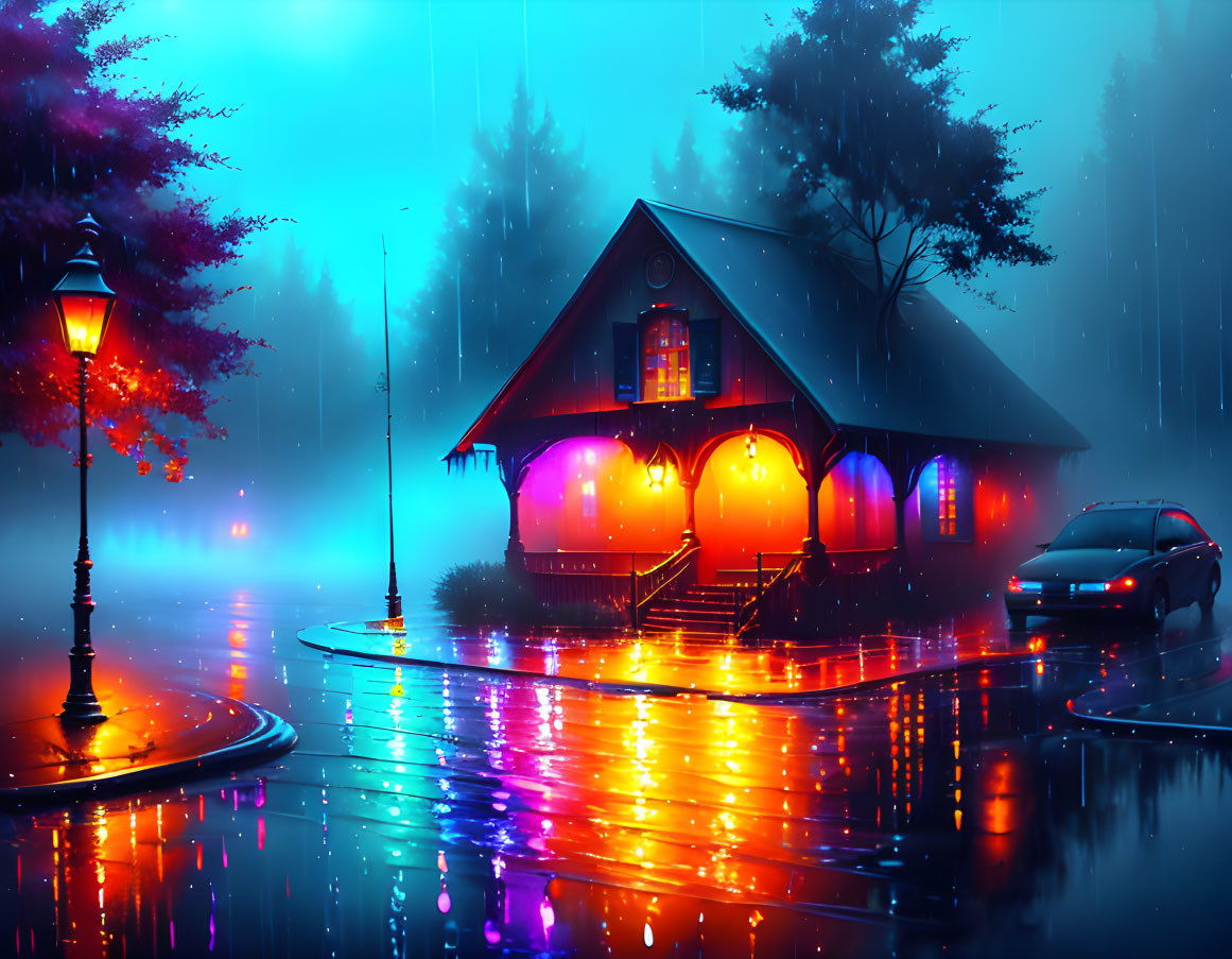 Rainy night scene: cozy house with glowing windows, wet street, neon lights, car passing,