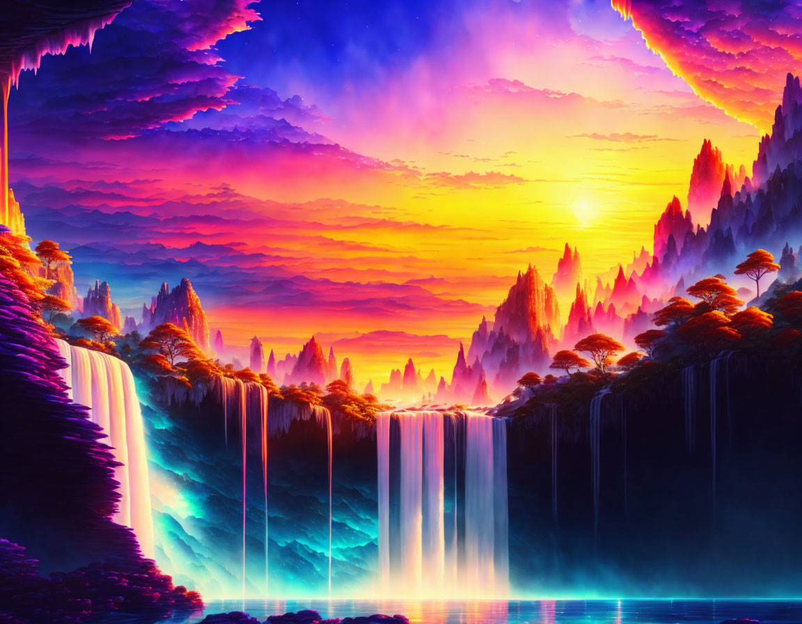 Fantasy Landscape Digital Artwork with Waterfalls and Colorful Sky