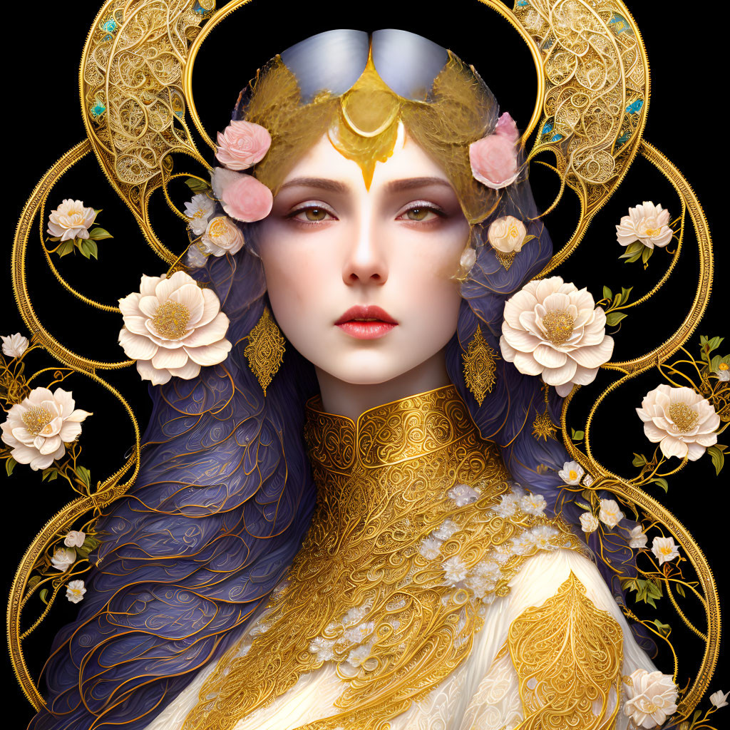 Fantasy portrait of woman with golden headgear and roses on black background