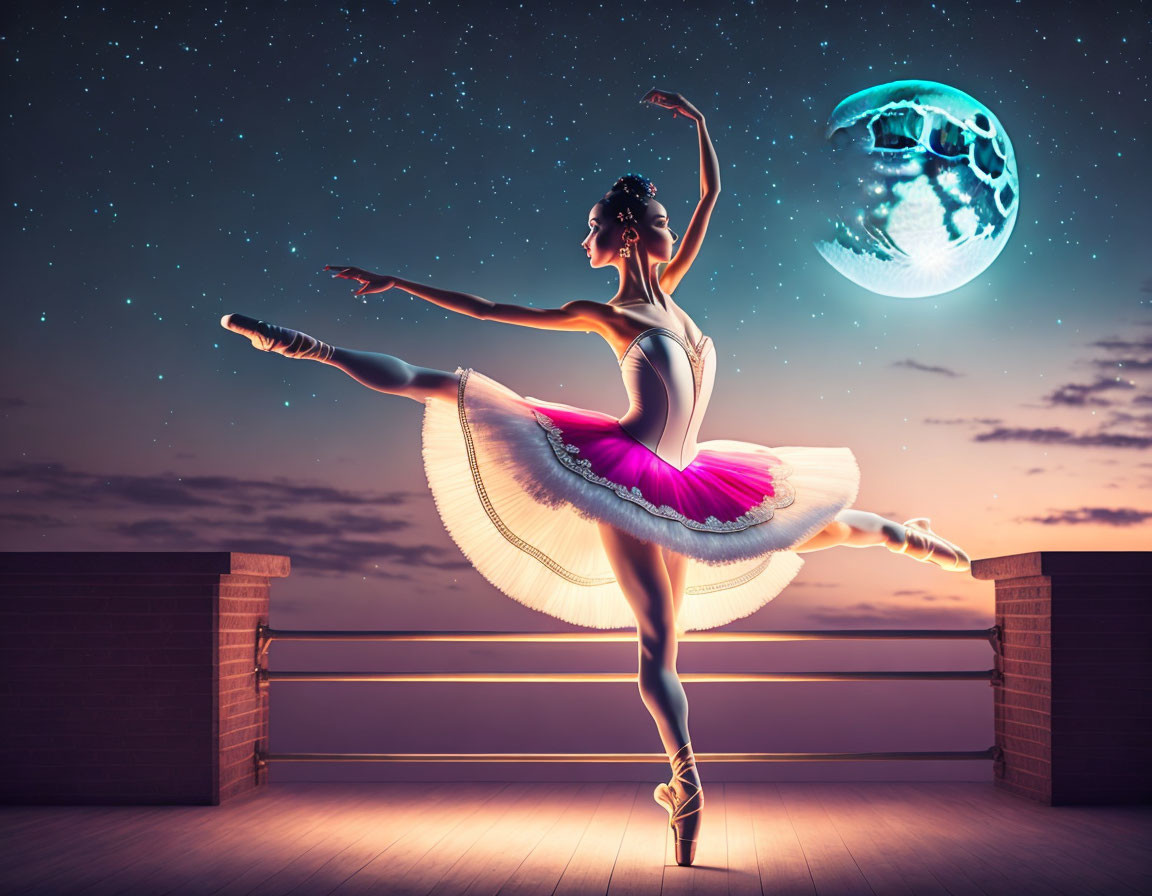 Ballerina performing on rooftop under moonlit sky