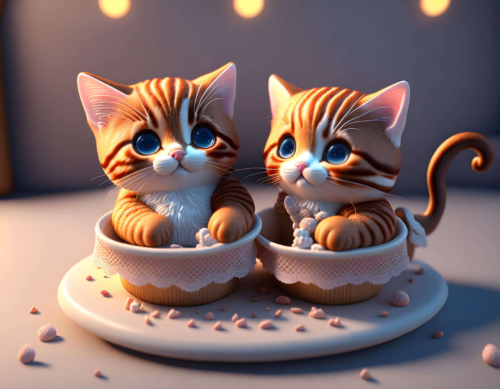 Cartoon Kittens in Teacups with Heart Candies in Cozy Setting