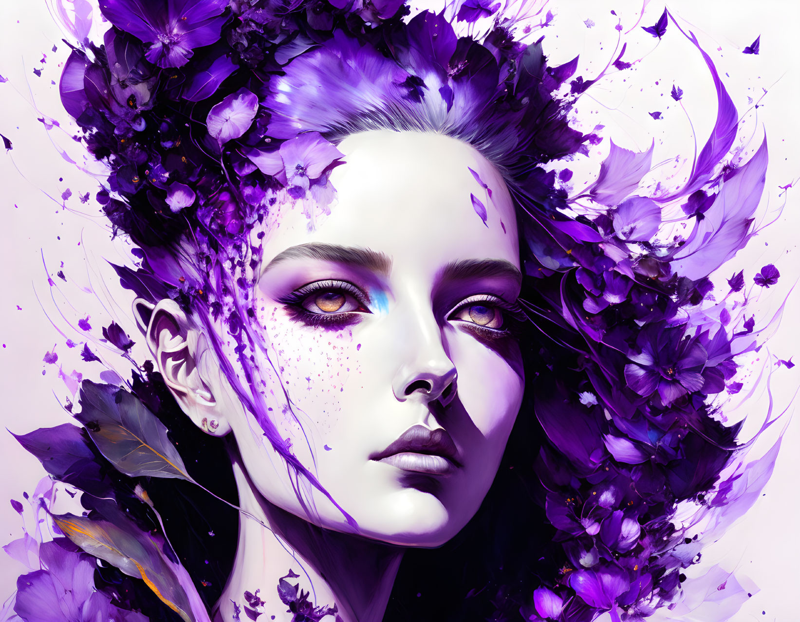 Vibrant purple floral elements on woman's face in digital artwork