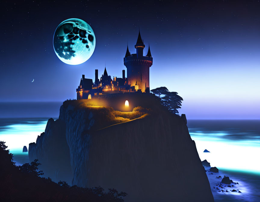 Mystical castle on cliff under starry sky by tranquil sea at night