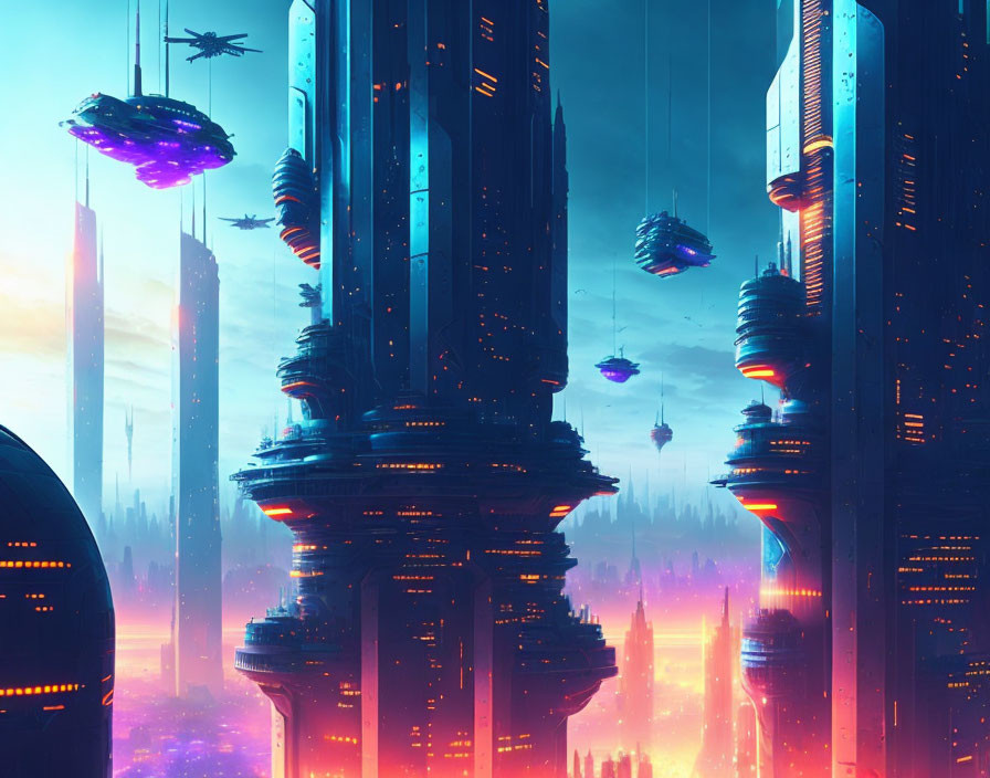 Futuristic Cityscape with Skyscrapers and Flying Vehicles at Twilight