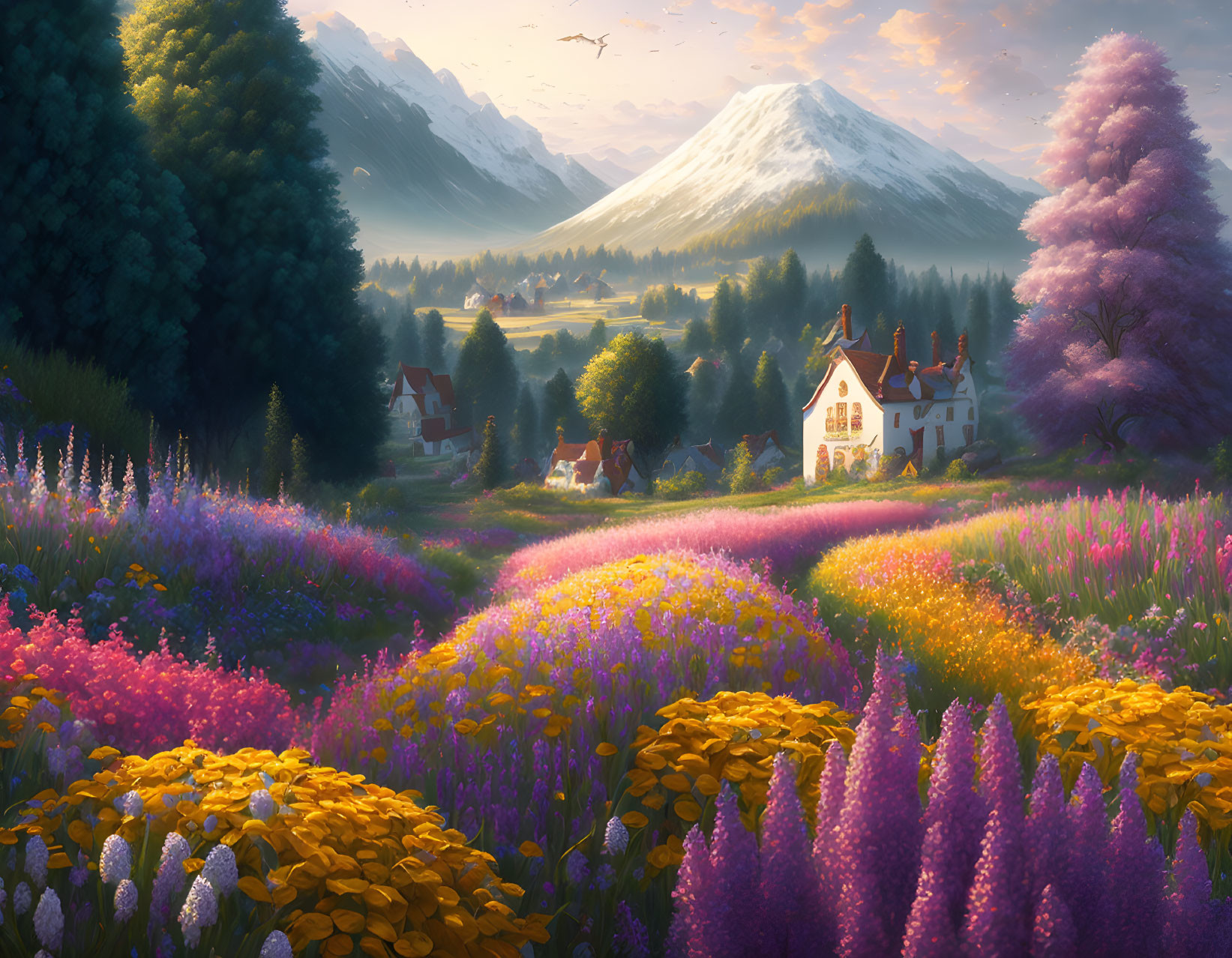 Scenic landscape: vibrant wildflowers, village, snow-capped mountains at sunset