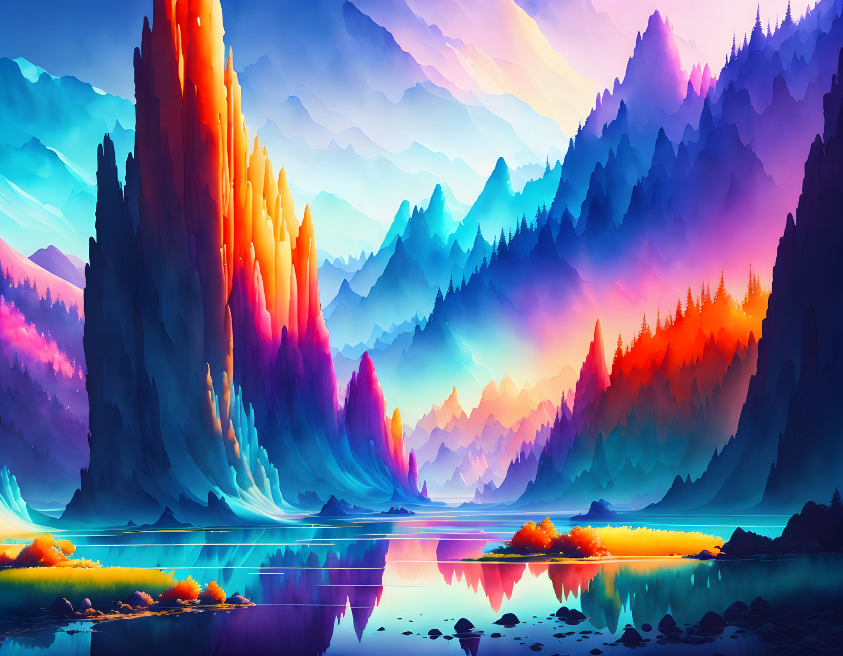 Colorful Digital Art: Vibrant Mountain Ranges, Reflective Water, Fiery Trees