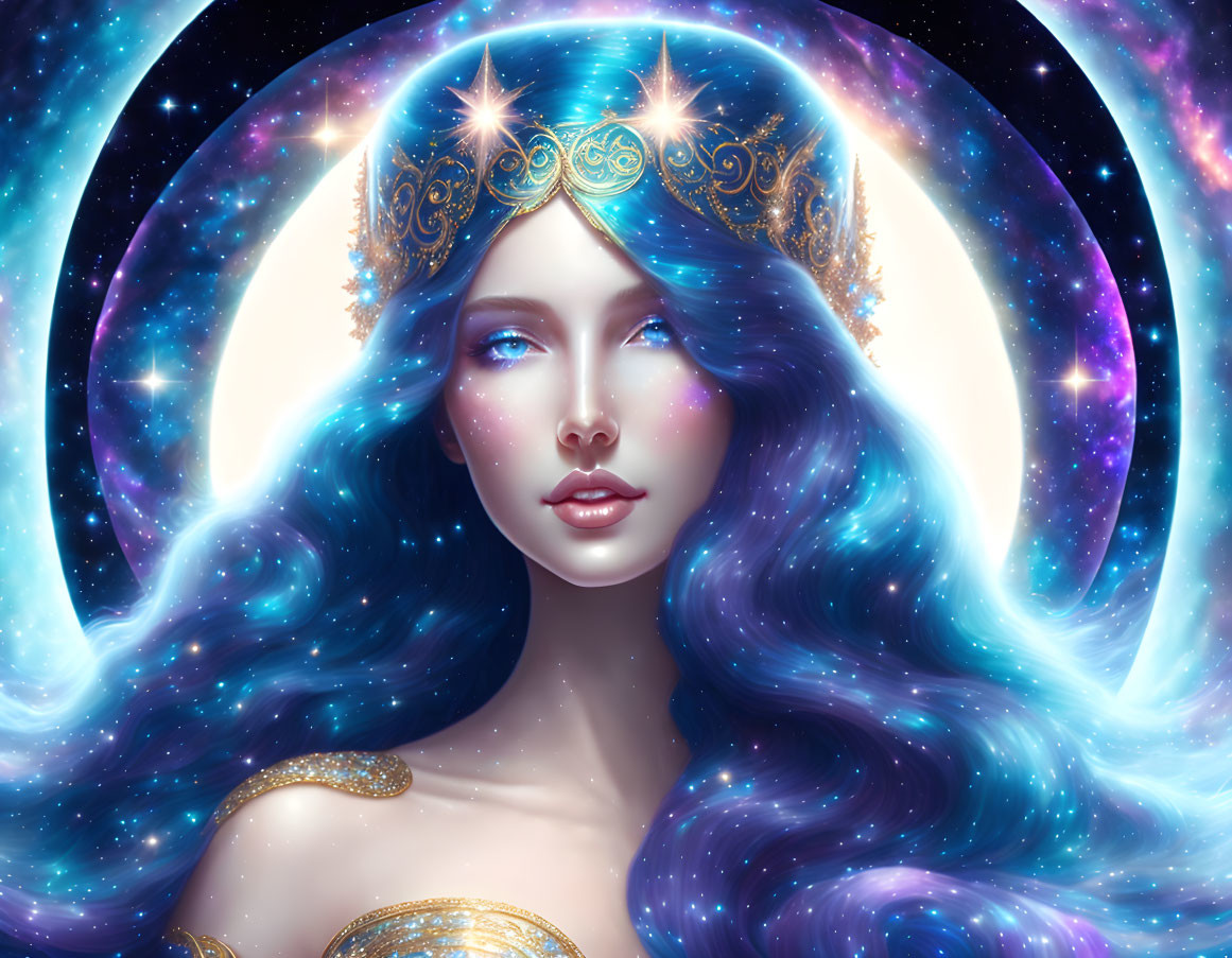 Mystical woman with blue hair, golden crown, celestial background