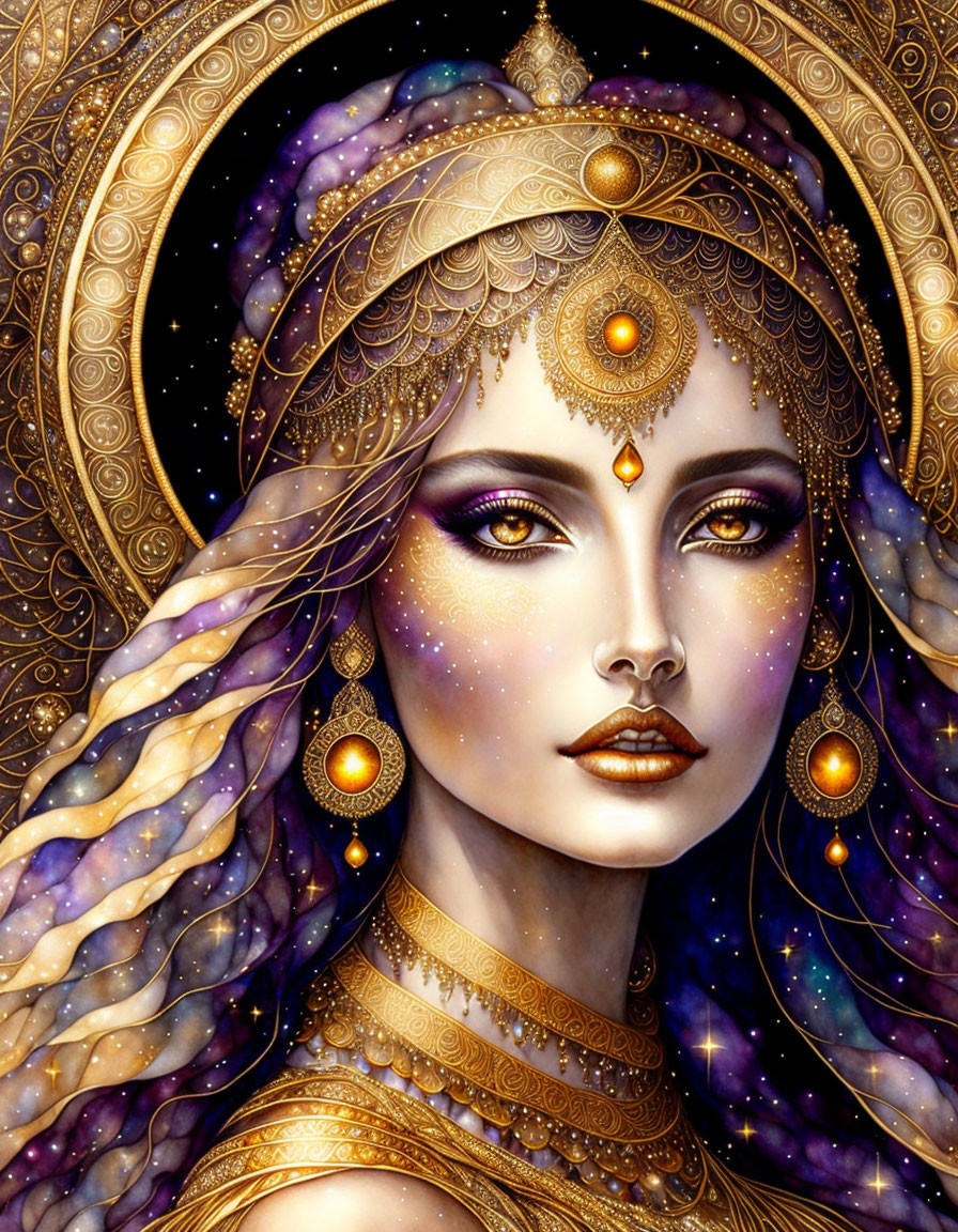 Illustrated female figure with cosmic-themed complexion and golden jewelry on starry background.