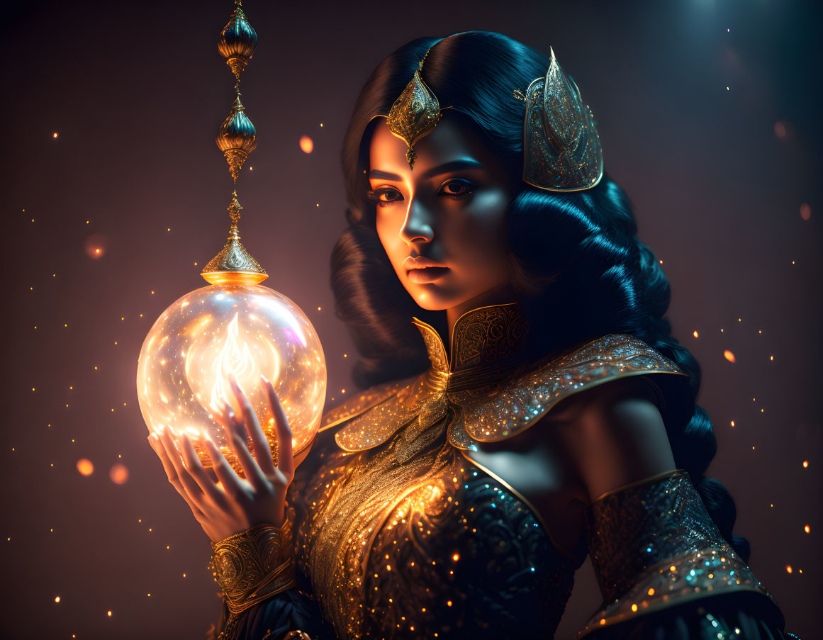 Mystical woman in ornate armor with glowing orb and intense gaze