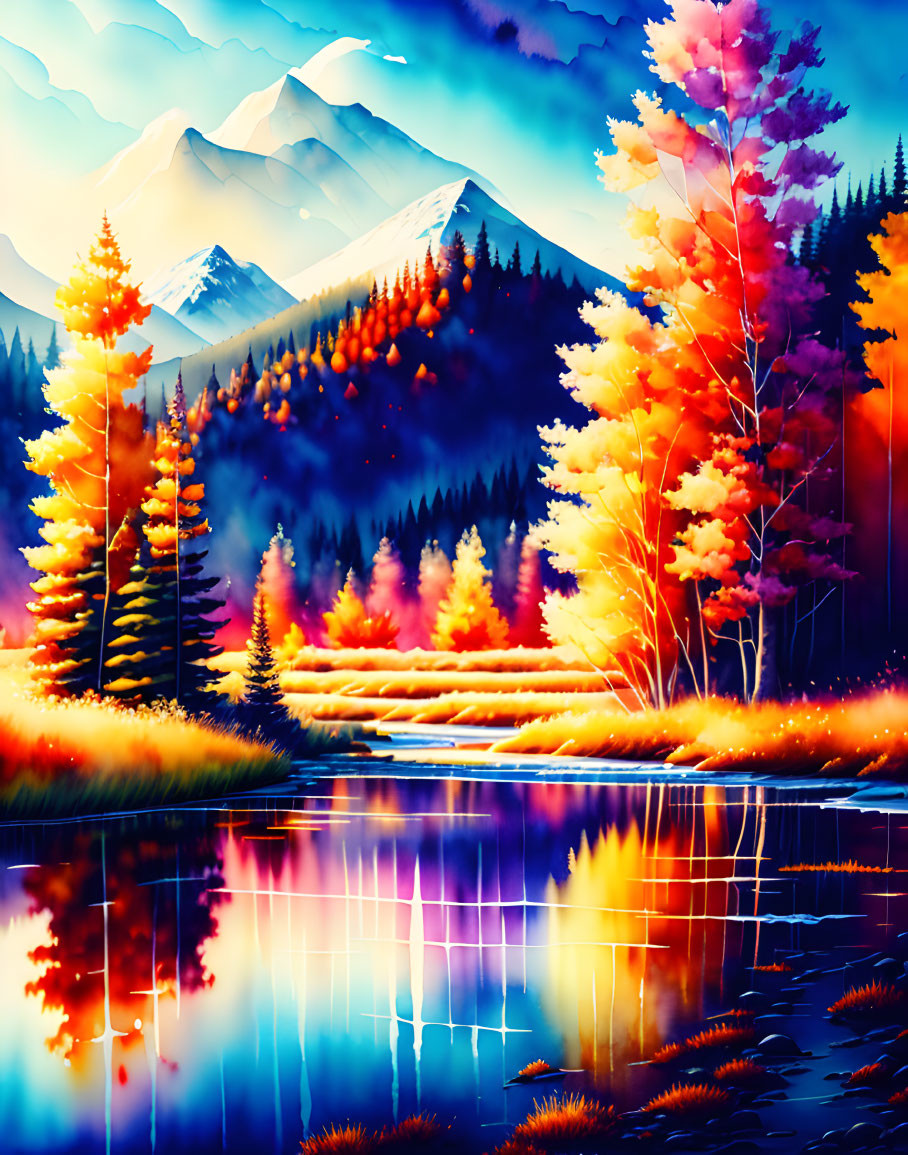 Colorful Autumn Forest Landscape with Reflecting Lake & Mountains