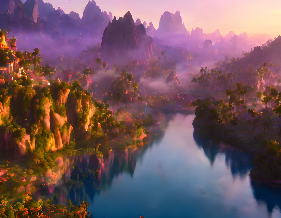 Mystical landscape with vibrant sunset over misty mountains