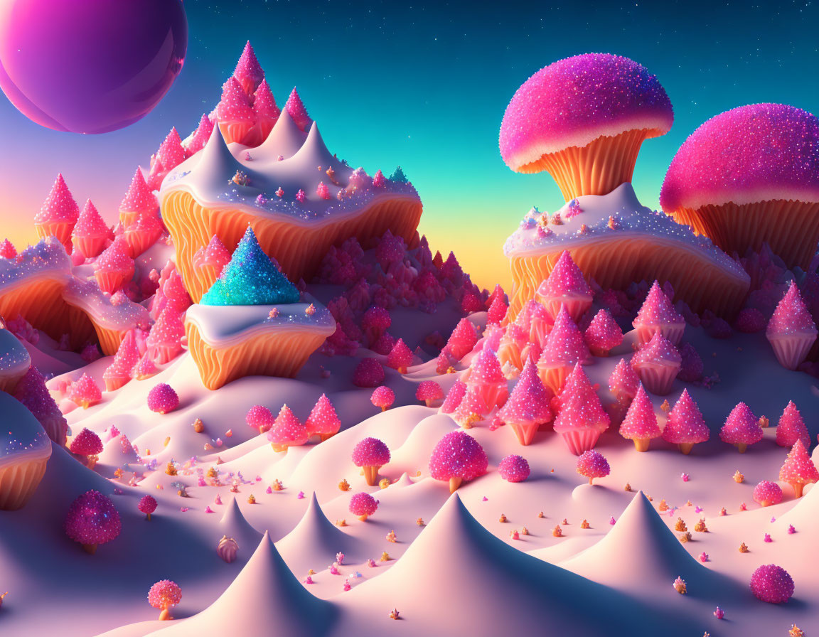 Fantasy landscape with snow-covered candy trees and purple planet in twilight sky