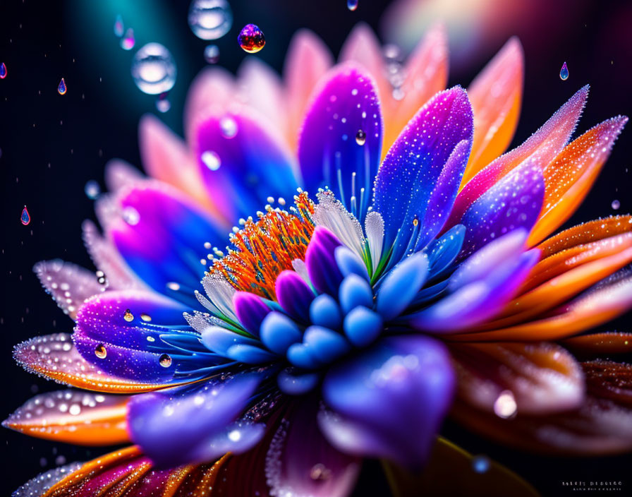 Colorful Flower with Glistening Water Droplets on Dark Background