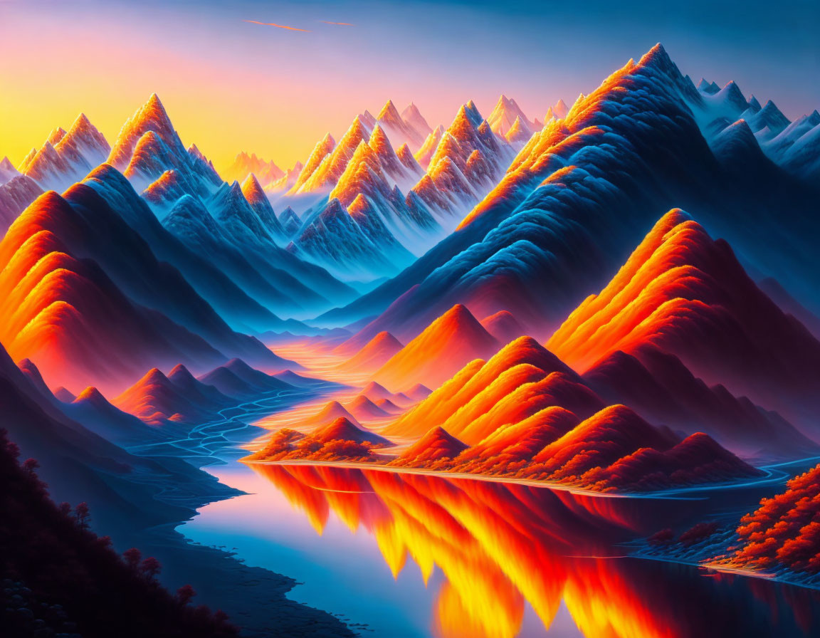 Vibrant orange peaks and blue river in stunning artwork