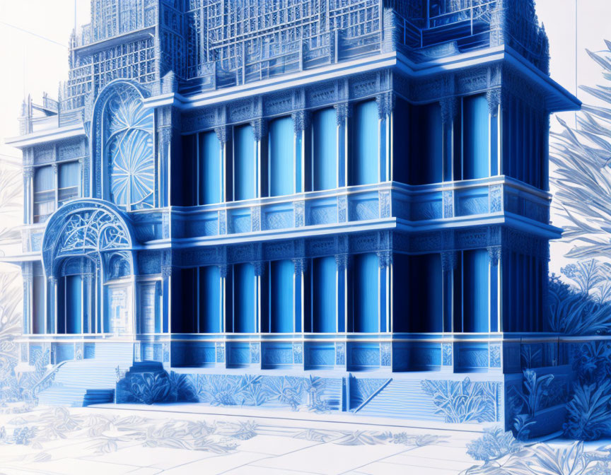 Detailed Architectural Blueprint-Style Building Rendering in Monochromatic Blue Tones