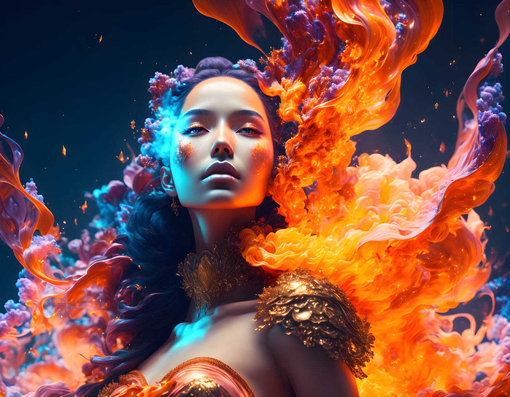 Ethereal woman in fiery orange and blue swirls blending fantasy and surrealism