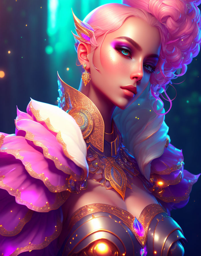 Fantastical elf in golden armor with pink hair and pointed ears in serene magical setting