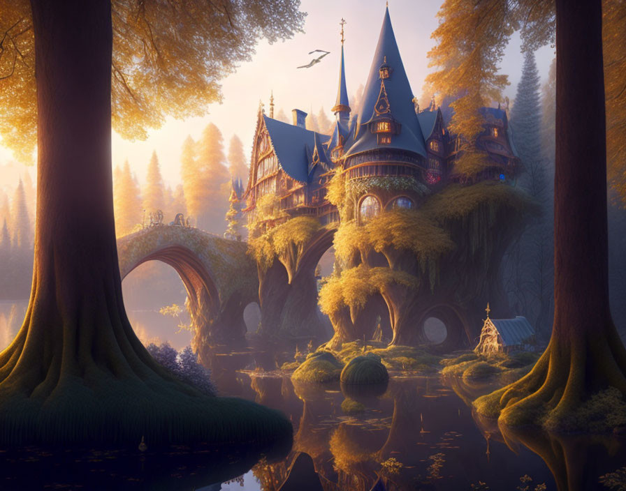 Fantasy castle on arch bridge by golden trees and tranquil lake