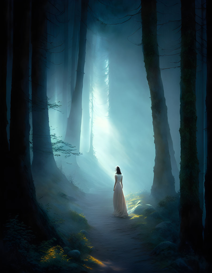 Woman in white dress on forest path under ethereal blue light