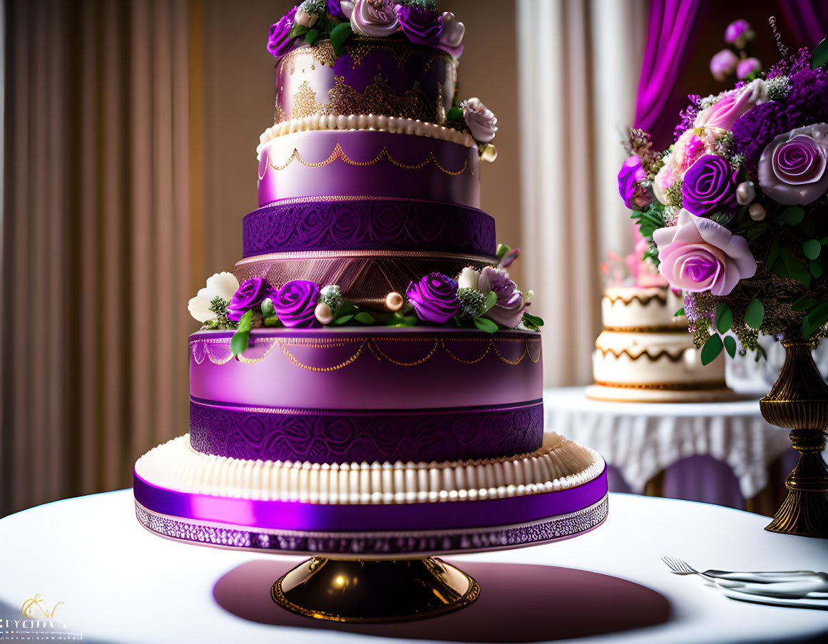 Three-tiered purple wedding cake with gold patterns and edible flowers on elegant tableware