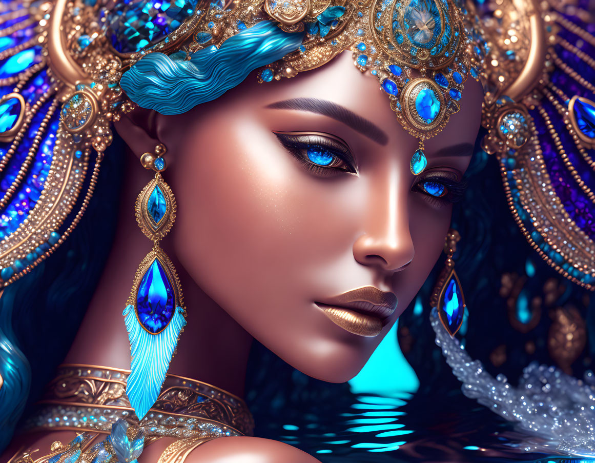 Illustrated portrait: Woman with blue hair, gold jewel headdress, earrings, reflecting water background.