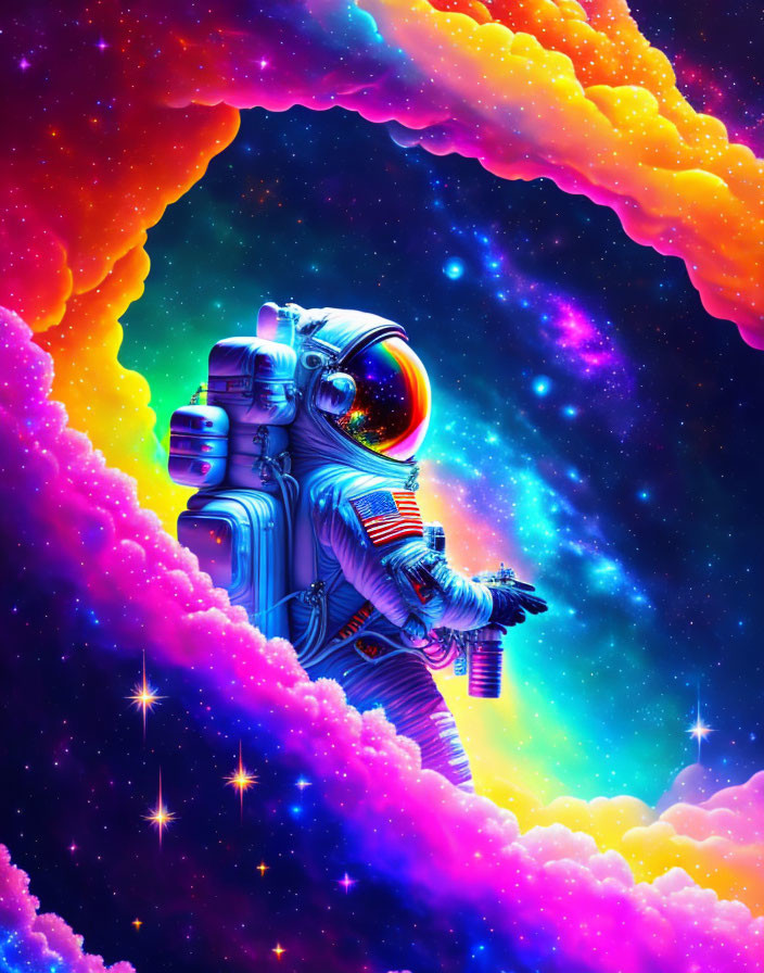 Astronaut in vibrant orange and pink cosmic clouds