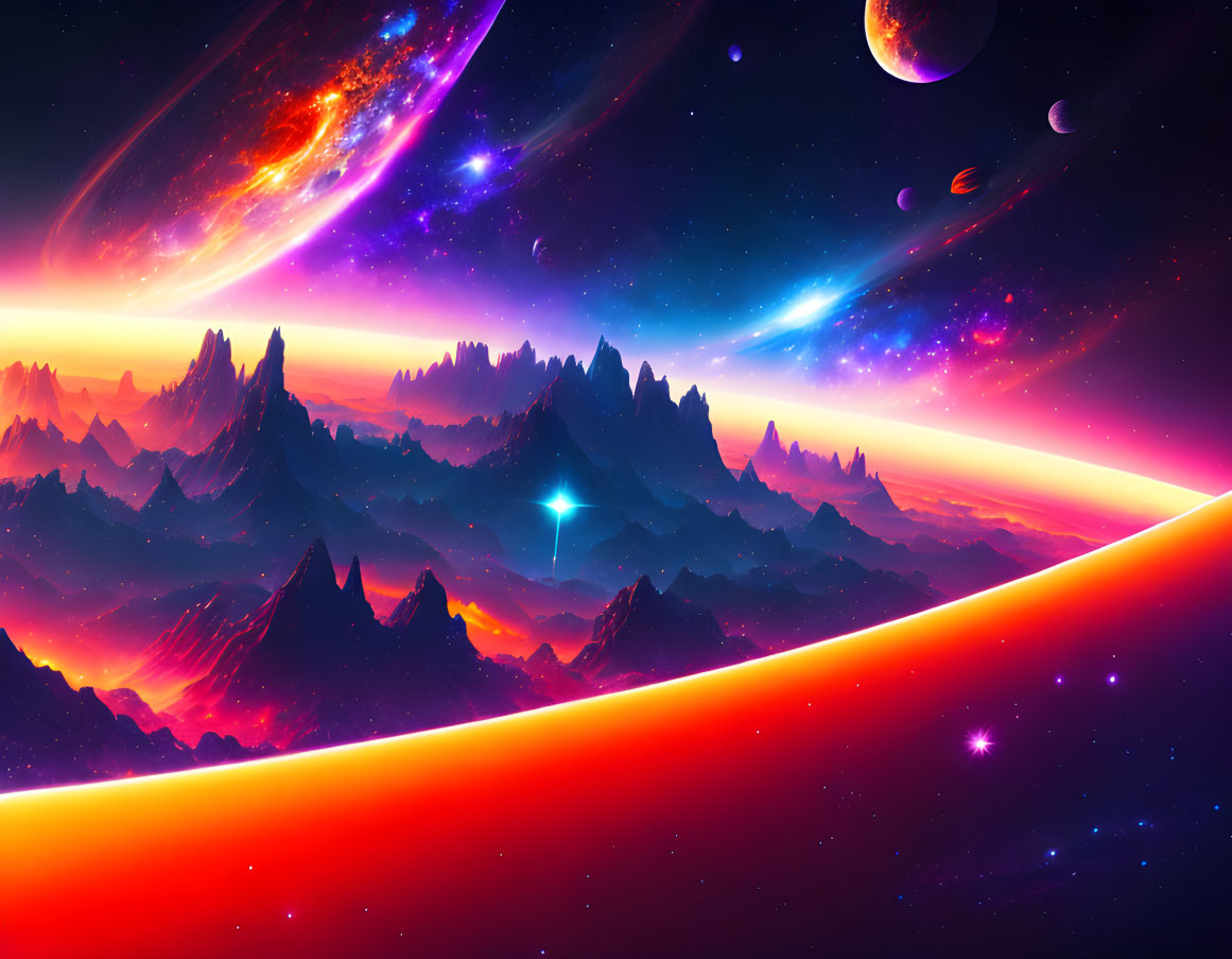 Vibrant sci-fi landscape with fiery mountains, starry sky, planets, nebula, and