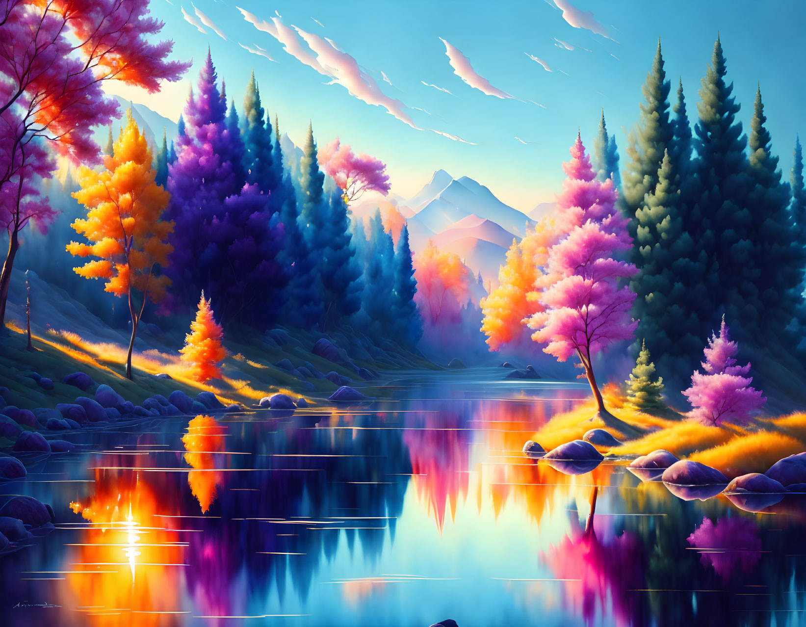 Colorful Trees Reflecting on Serene Lake with Mountains and Wispy Clouds