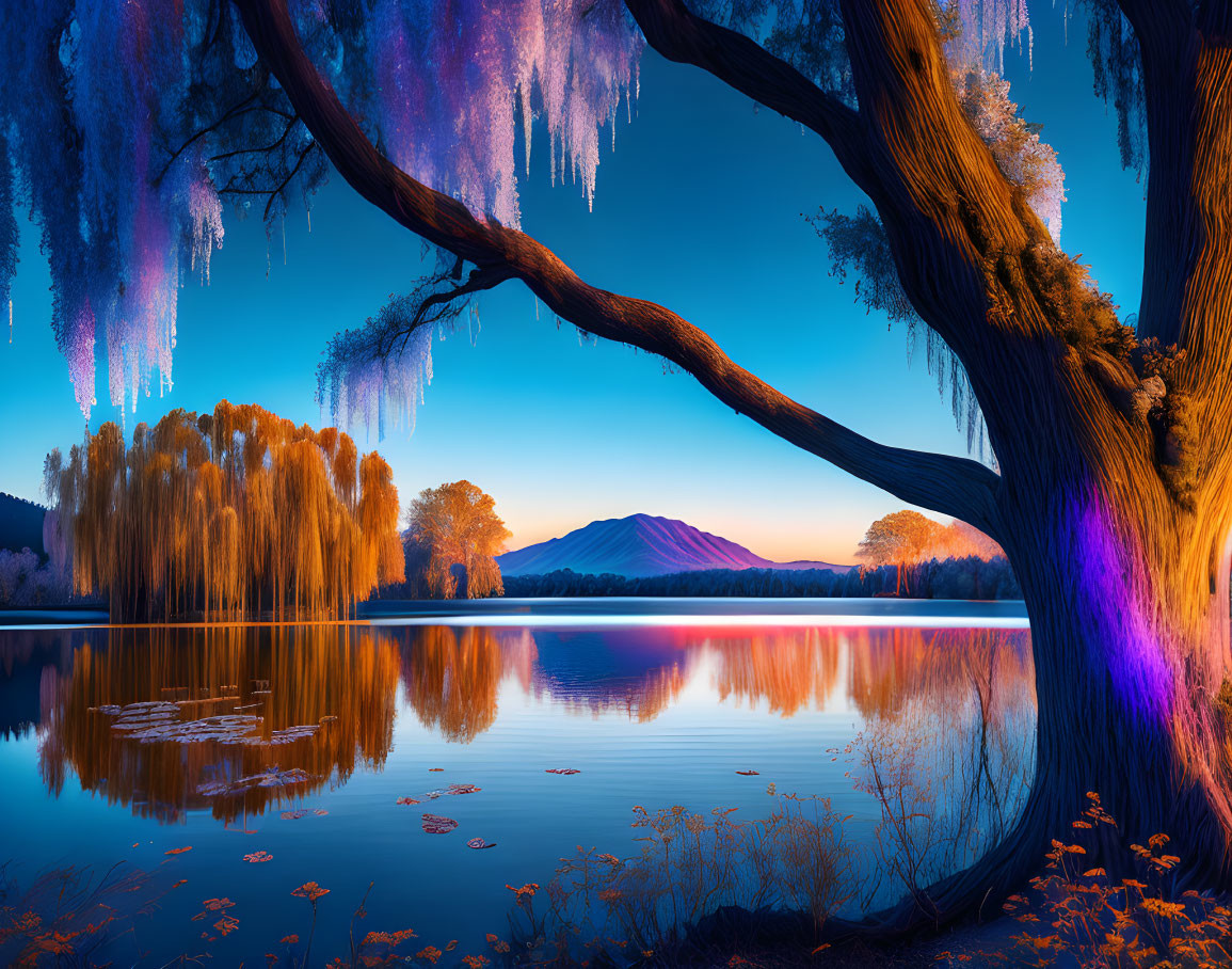 Tranquil sunset scene: lake, willow trees, weeping tree, mountain