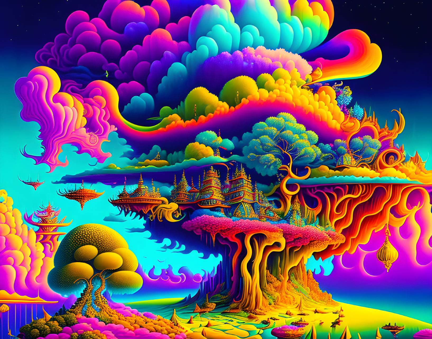 Colorful psychedelic landscape with exotic trees and whimsical architecture