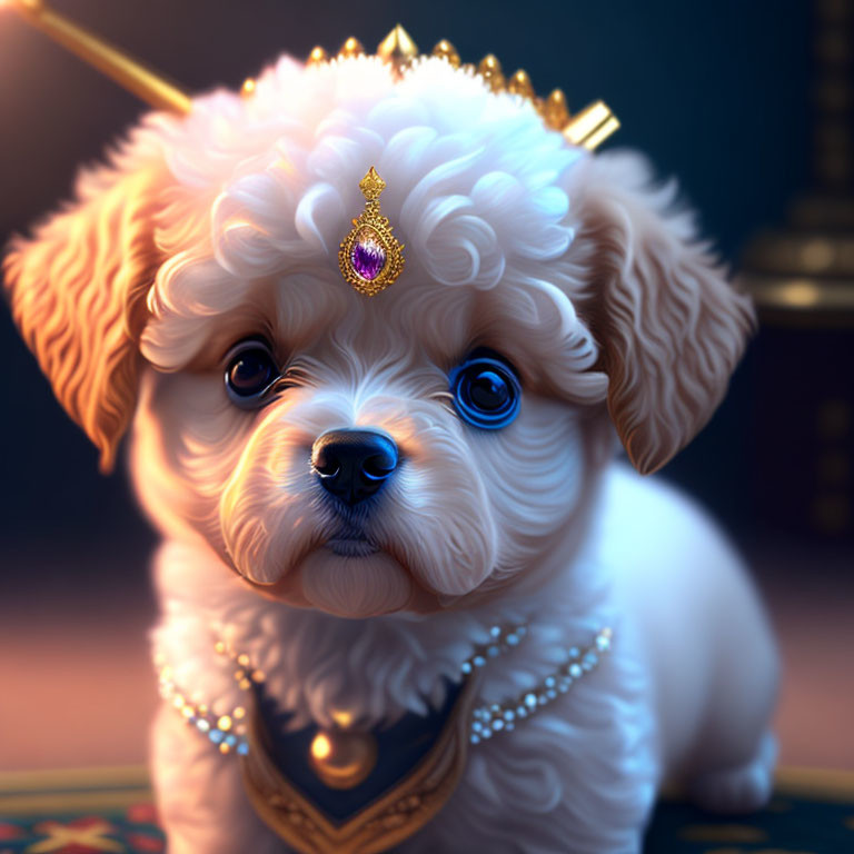 Fluffy White Puppy Wearing Crown and Jewels