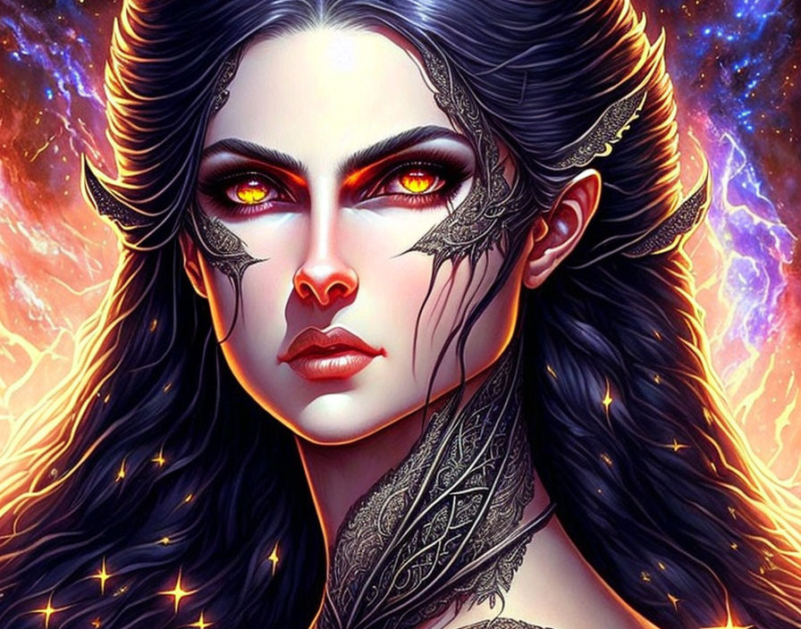 Fantasy female character with red eyes, elven ear cuffs, black hair, and glowing embers