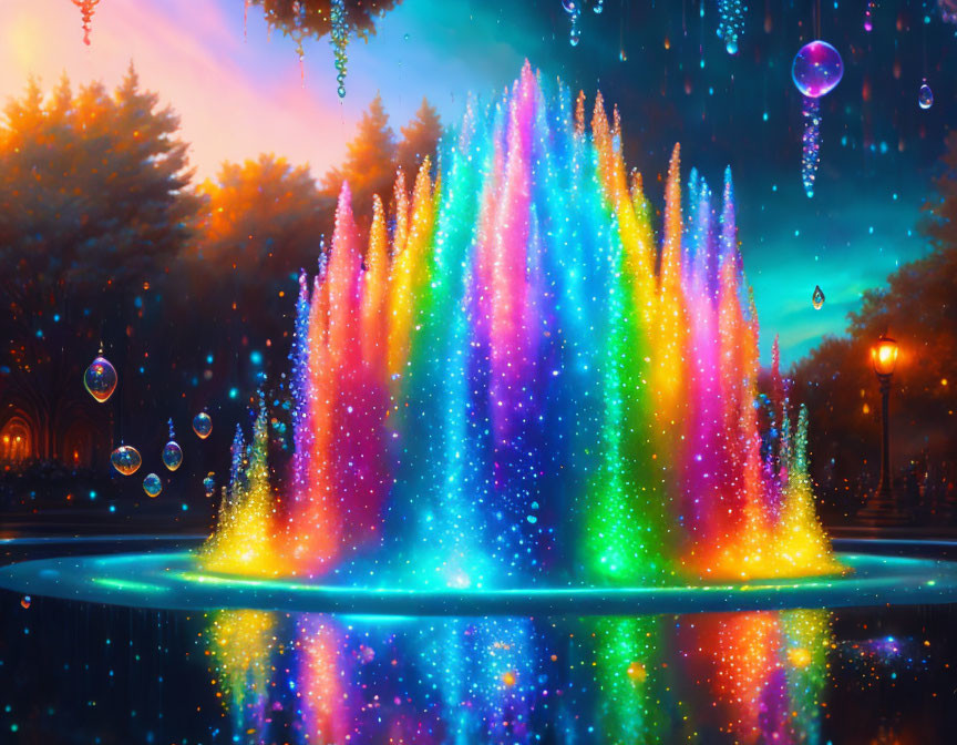 Colorful Neon-Lit Fountain at Twilight with Floating Bubbles