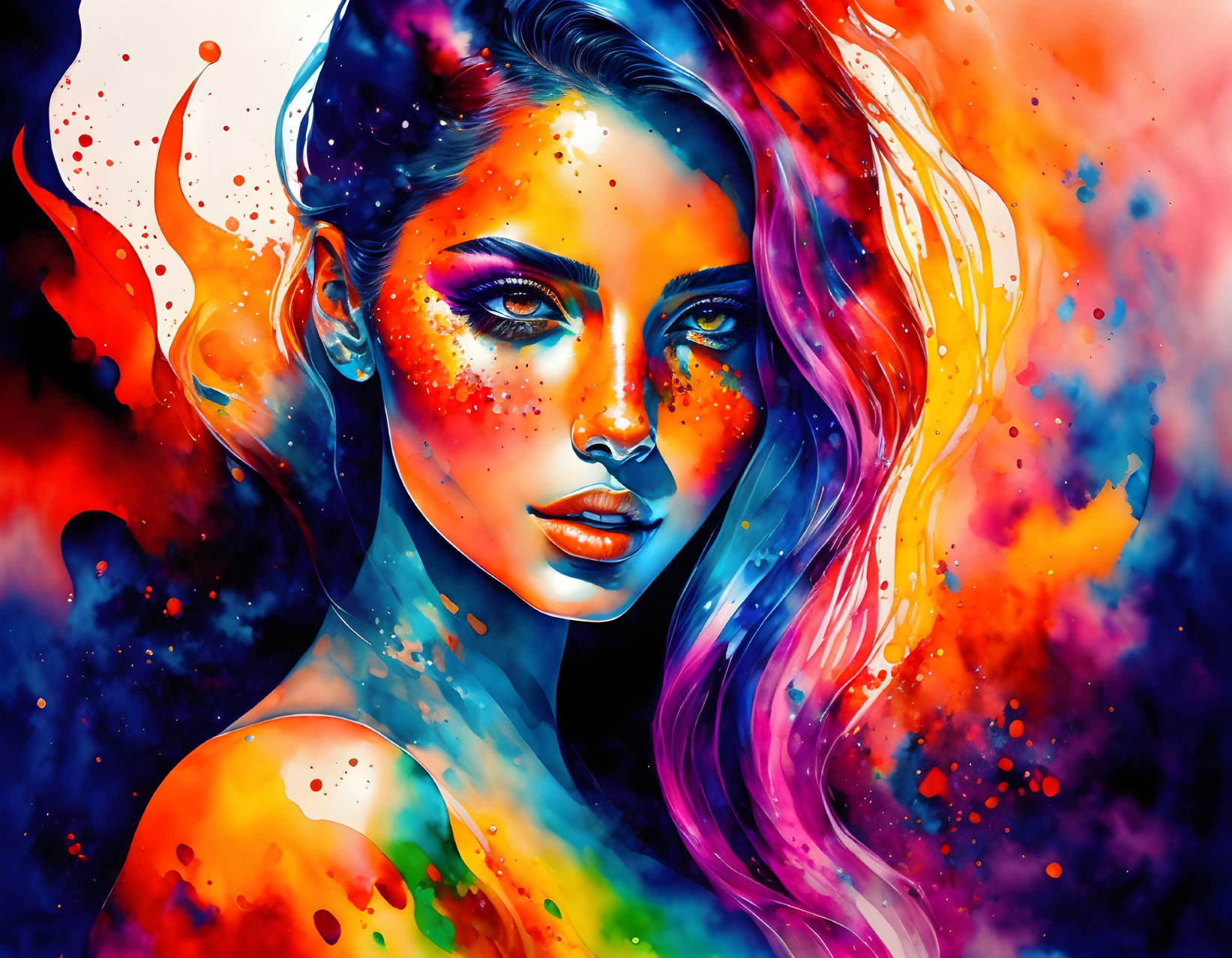 Colorful woman artwork with cosmic-themed background.